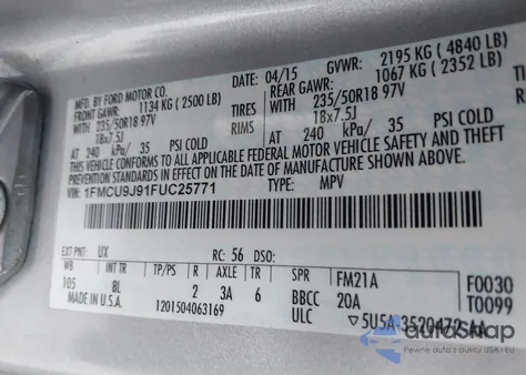 2015 Ford Escape Titanium z USA, uszkodzony, nr VIN 1FMCU9J91FUC25771